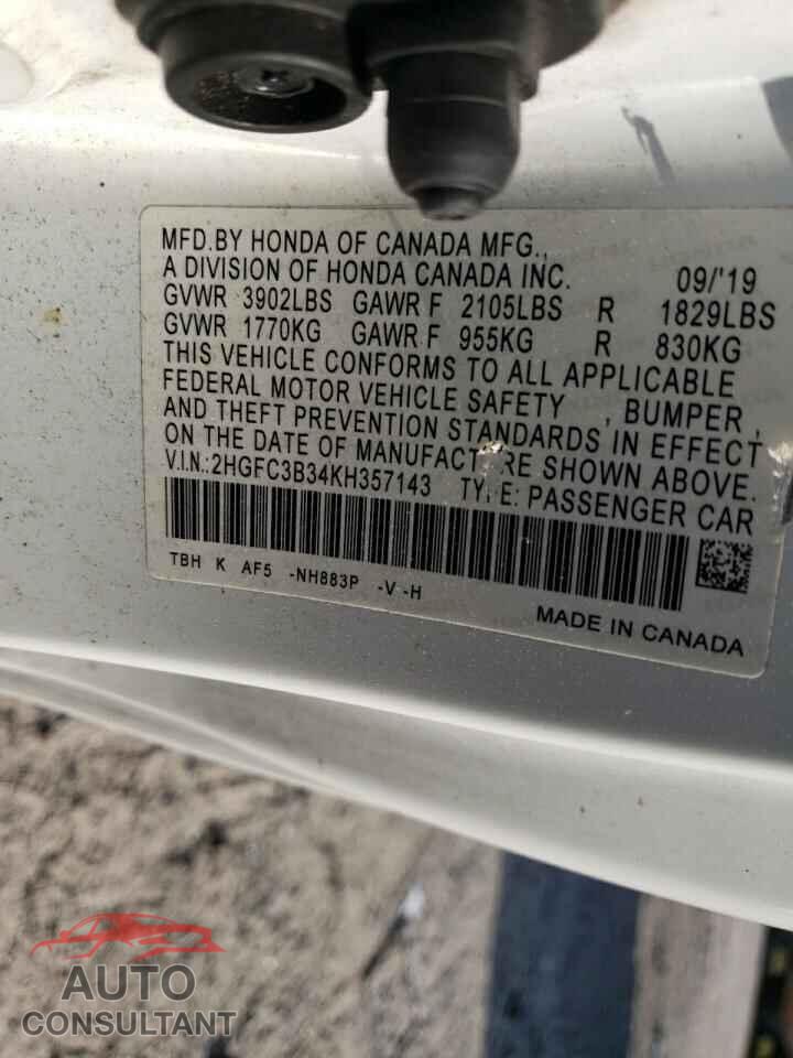 HONDA CIVIC 2019 - 2HGFC3B34KH357143