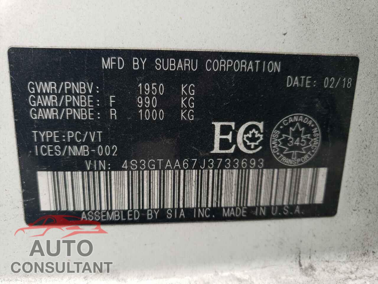 SUBARU IMPREZA 2018 - 4S3GTAA67J3733693