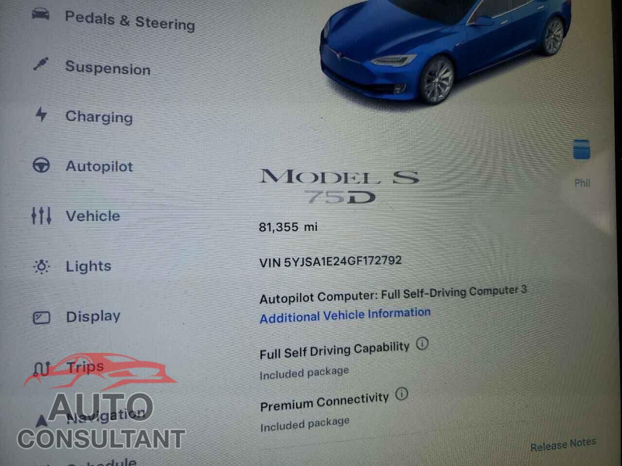 TESLA MODEL S 2016 - 5YJSA1E24GF172792