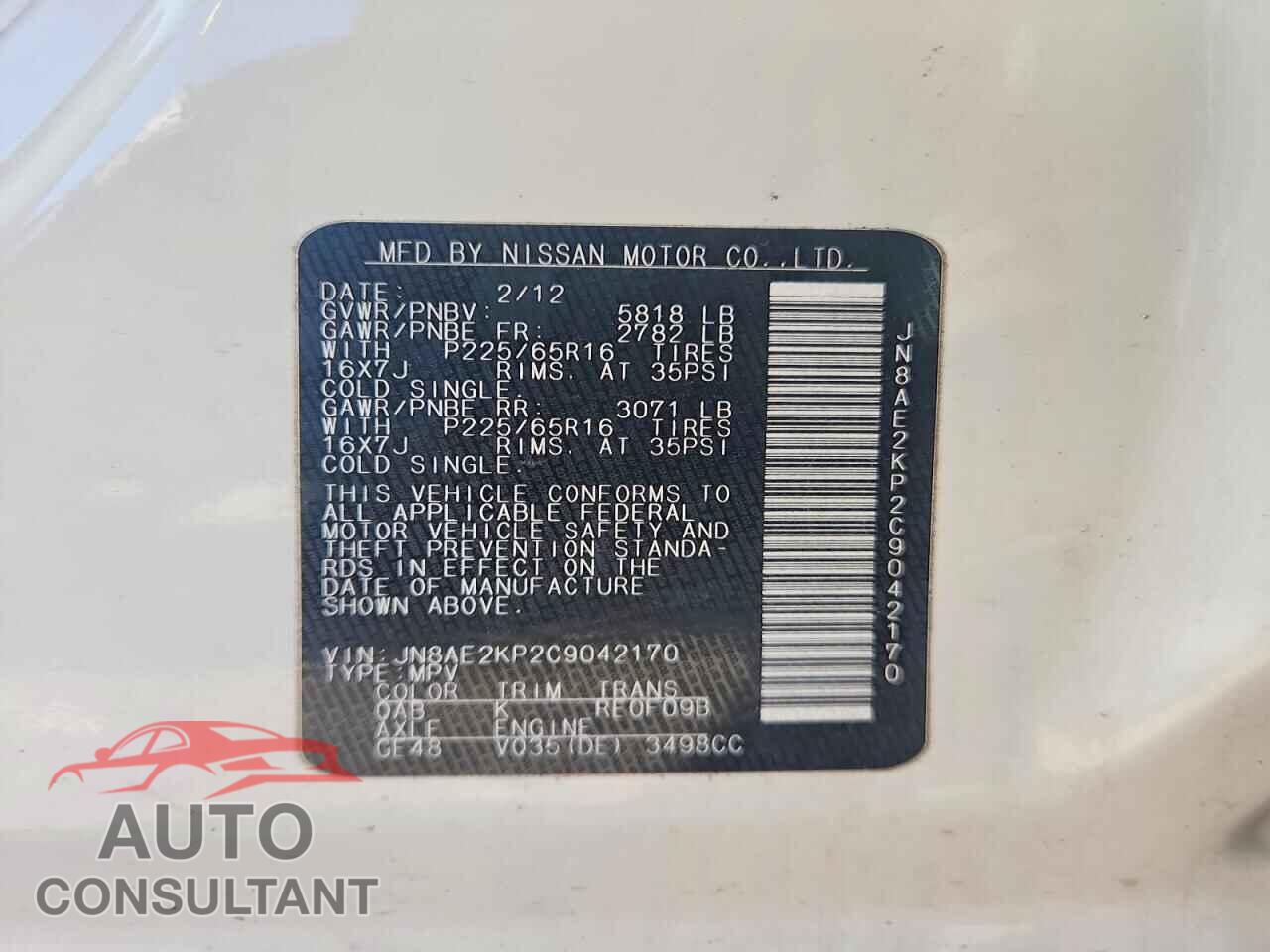 NISSAN QUEST 2012 - JN8AE2KP2C9042170