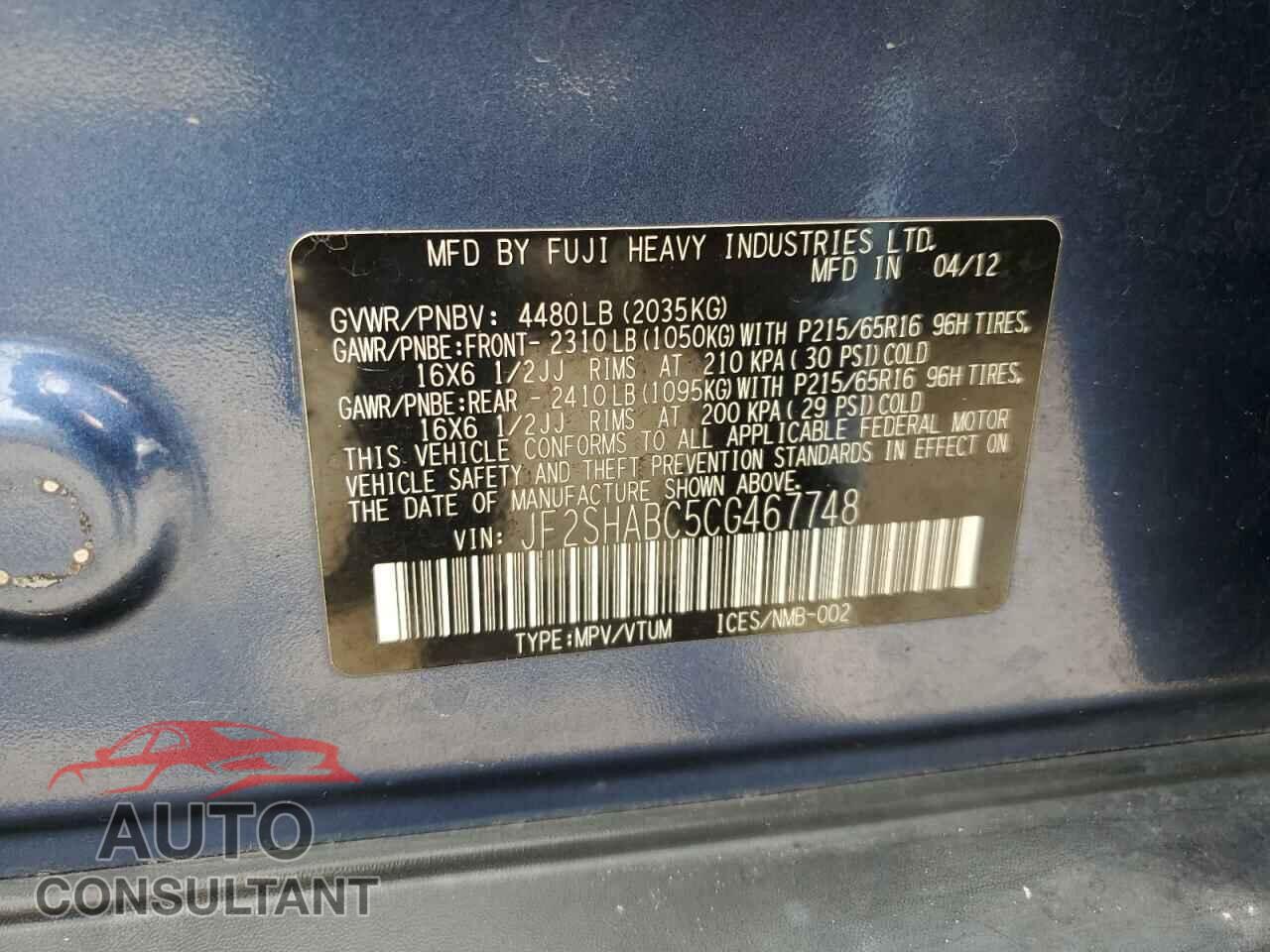 SUBARU FORESTER 2012 - JF2SHABC5CG467748