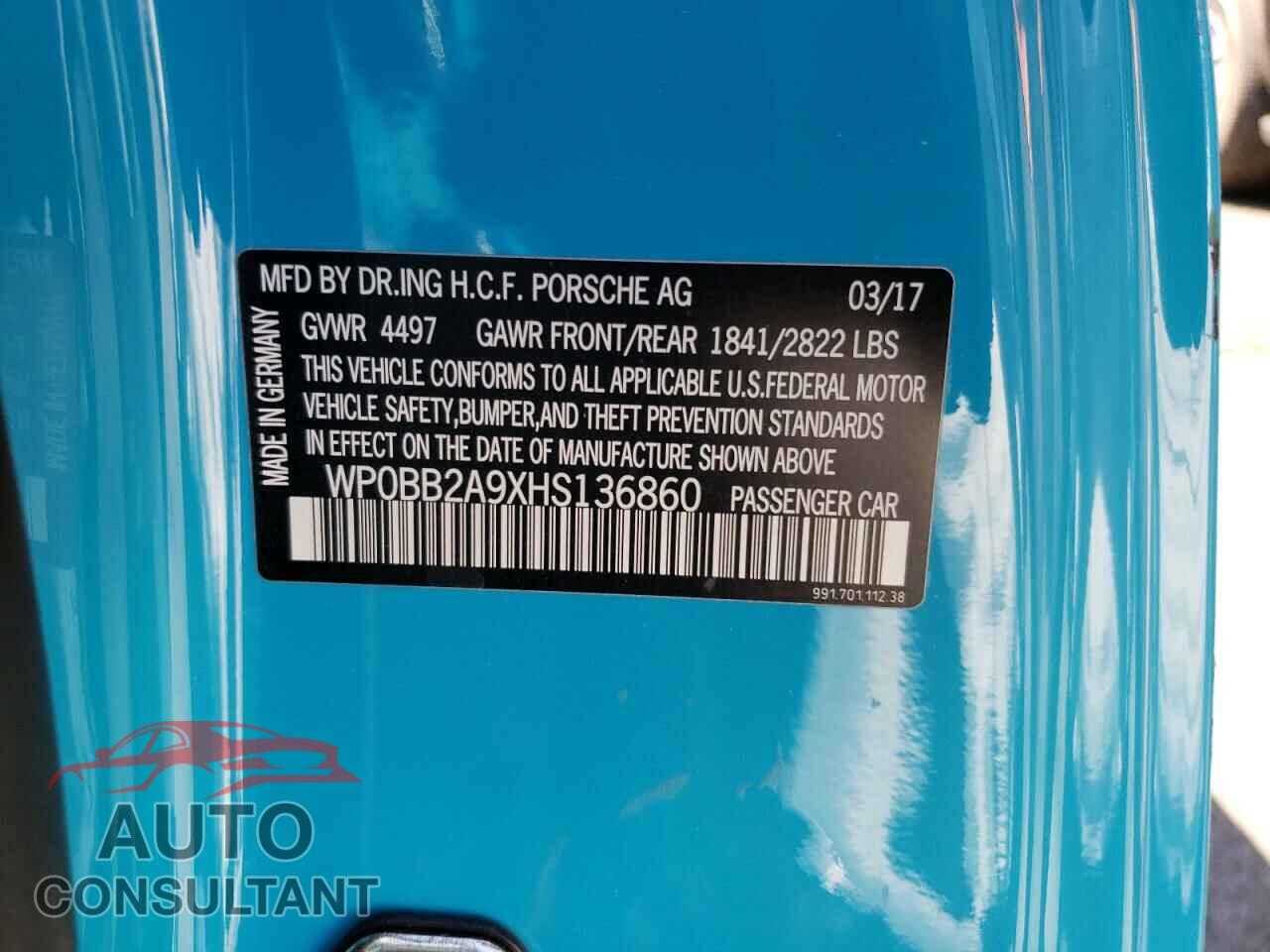 PORSCHE 911 2017 - WP0BB2A9XHS136860