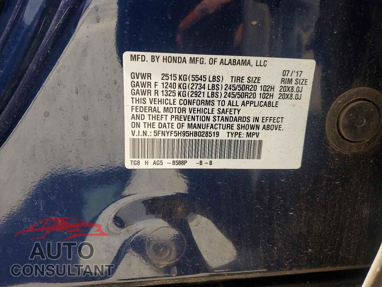 HONDA PILOT 2017 - 5FNYF5H95HB028519