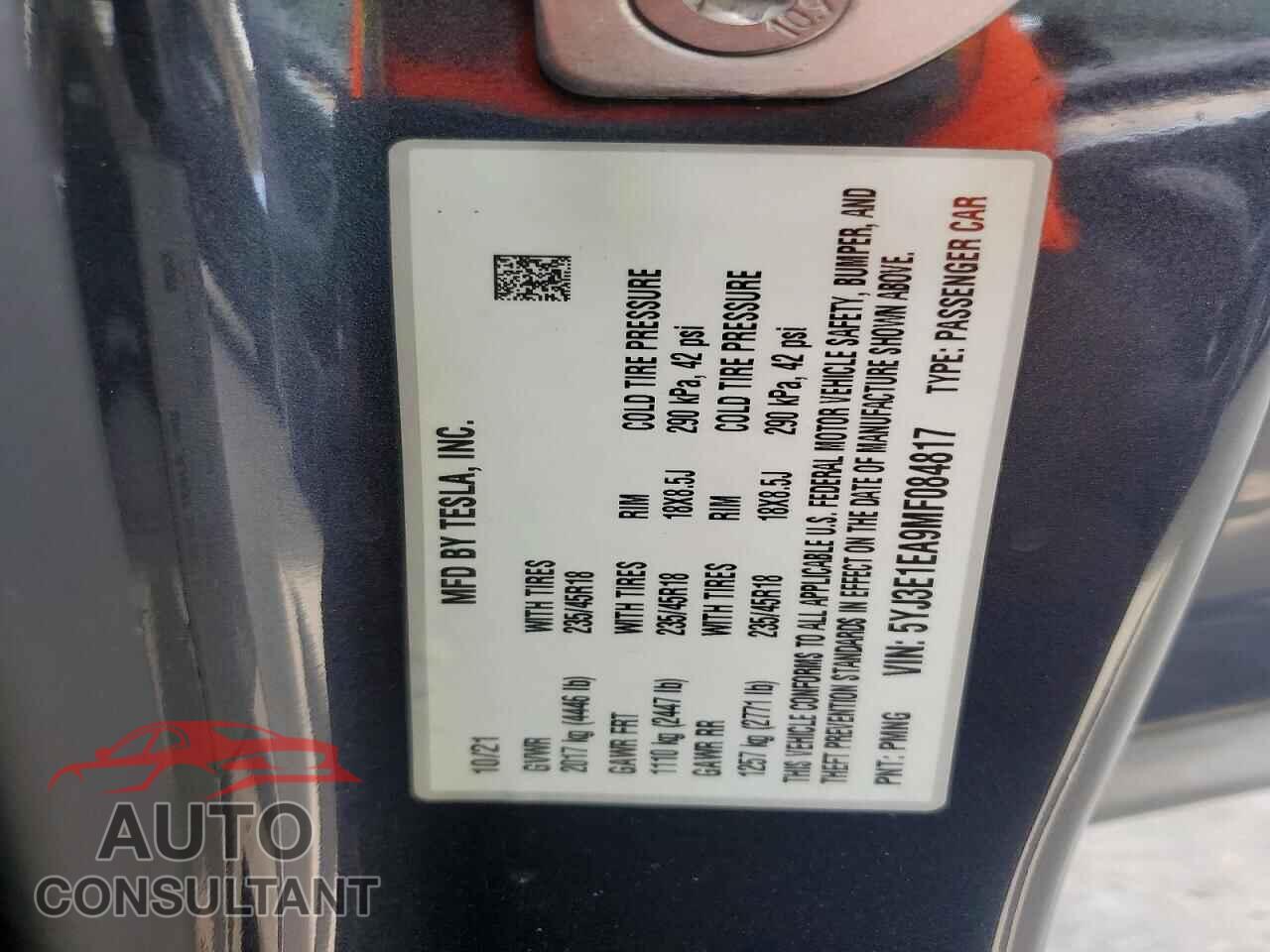 TESLA MODEL 3 2021 - 5YJ3E1EA9MF084817
