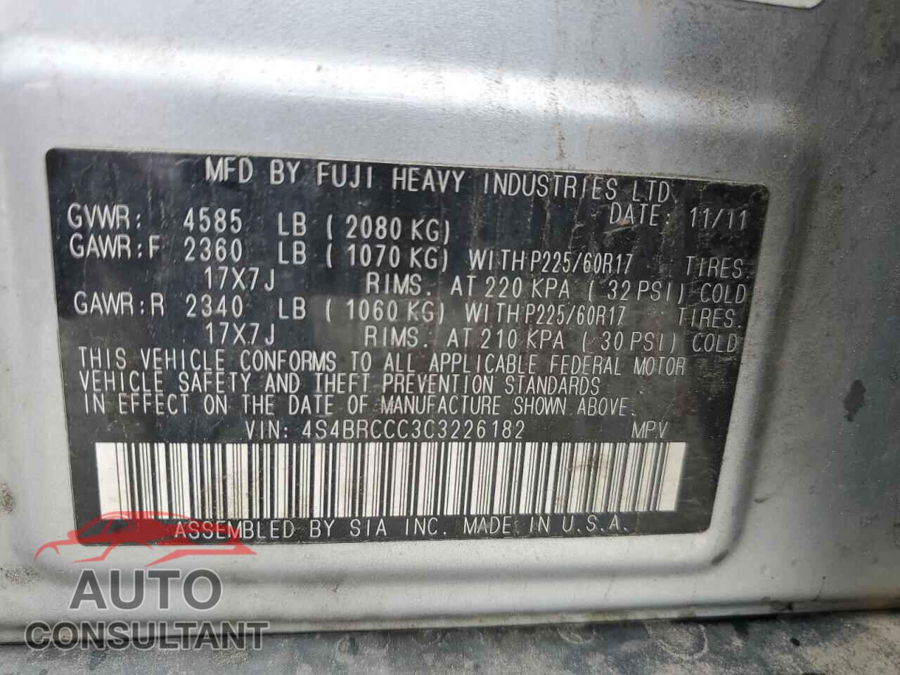 SUBARU OUTBACK 2012 - 4S4BRCCC3C3226182