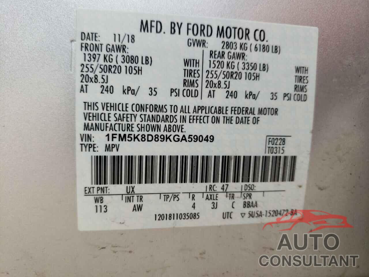 FORD EXPLORER 2019 - 1FM5K8D89KGA59049