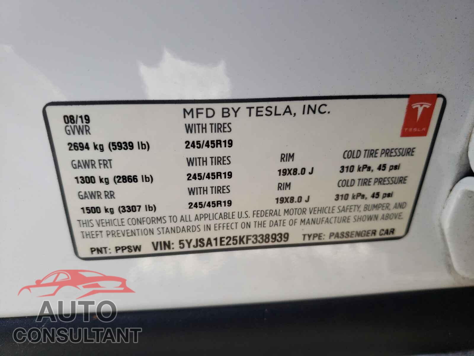 TESLA MODEL S 2019 - 5YJSA1E25KF338939