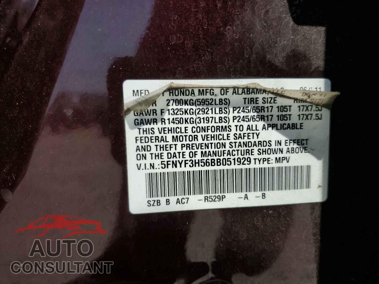 HONDA PILOT 2011 - 5FNYF3H56BB051929