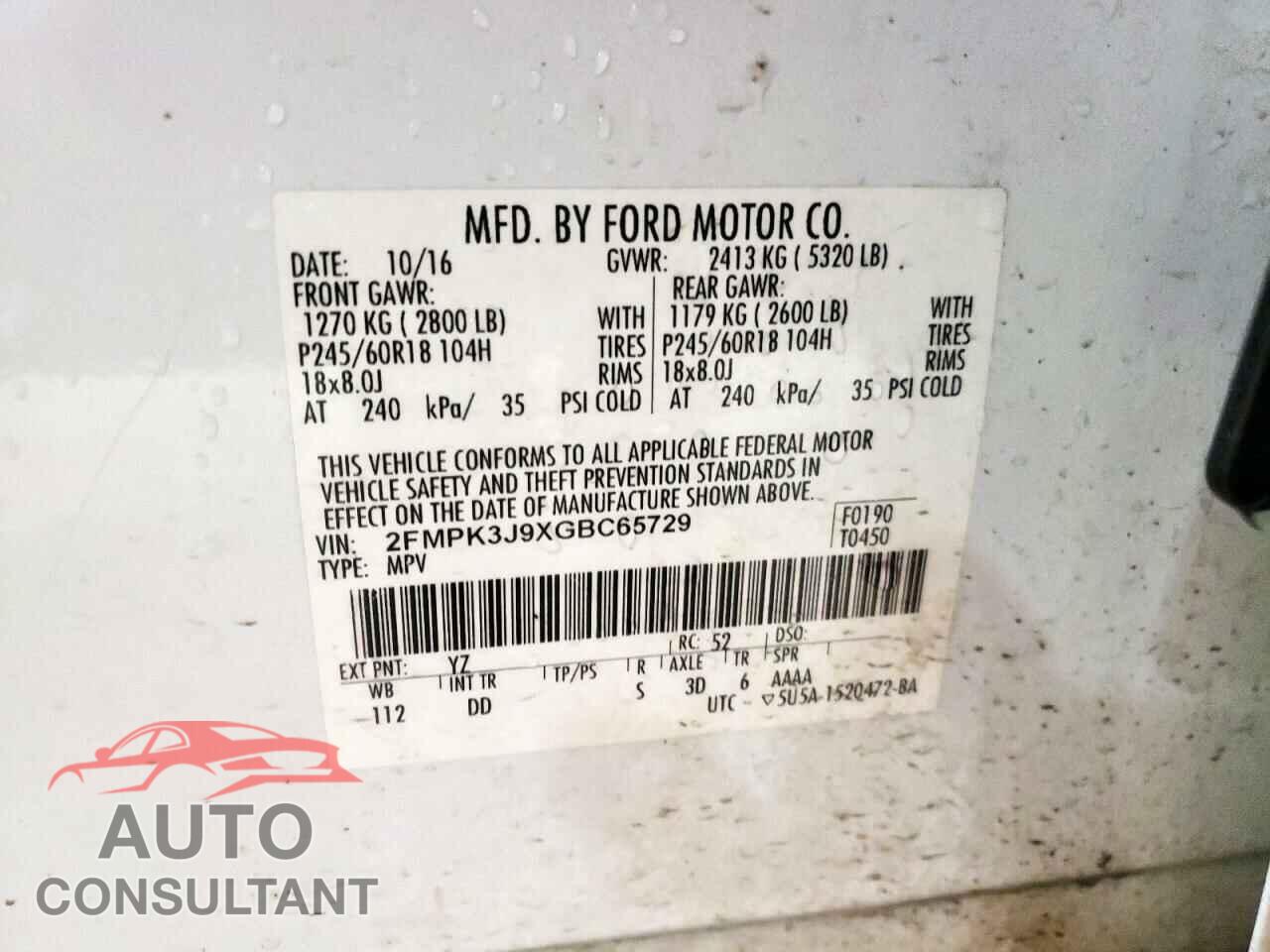 FORD EDGE 2016 - 2FMPK3J9XGBC65729