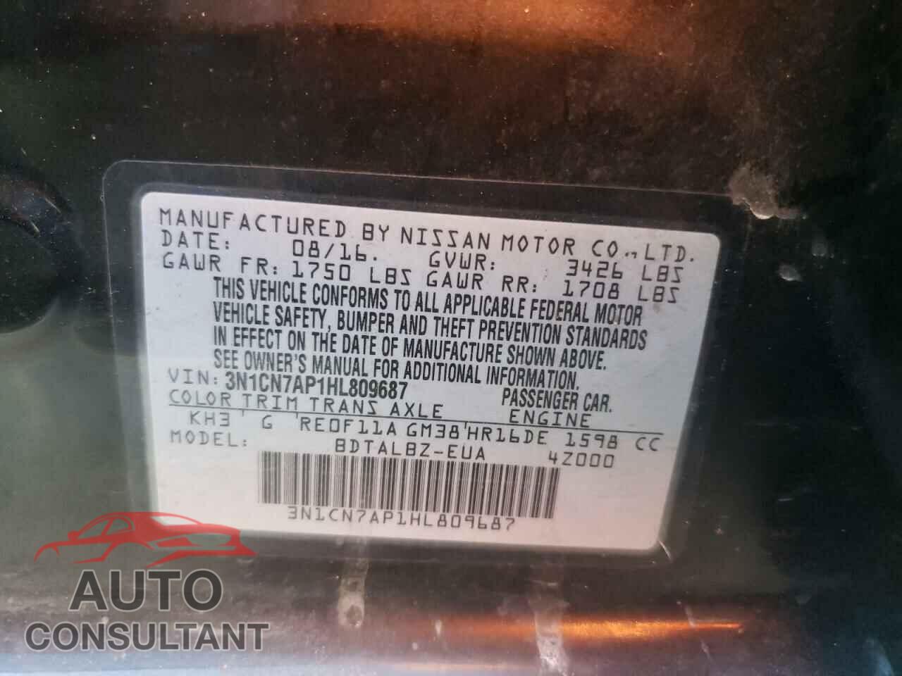 NISSAN VERSA 2017 - 3N1CN7AP1HL809687