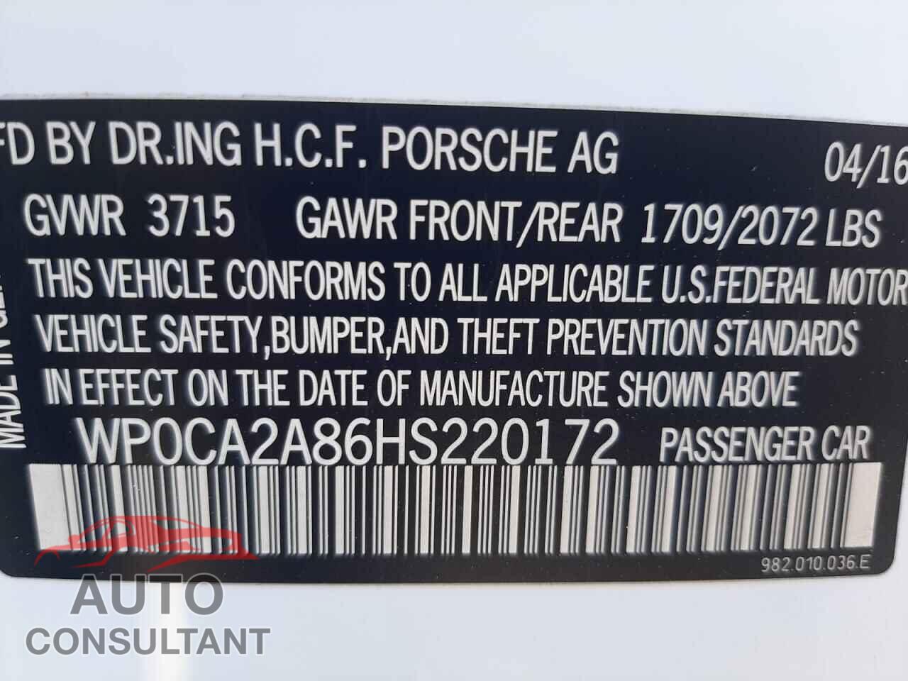 PORSCHE BOXSTER 2017 - WP0CA2A86HS220172