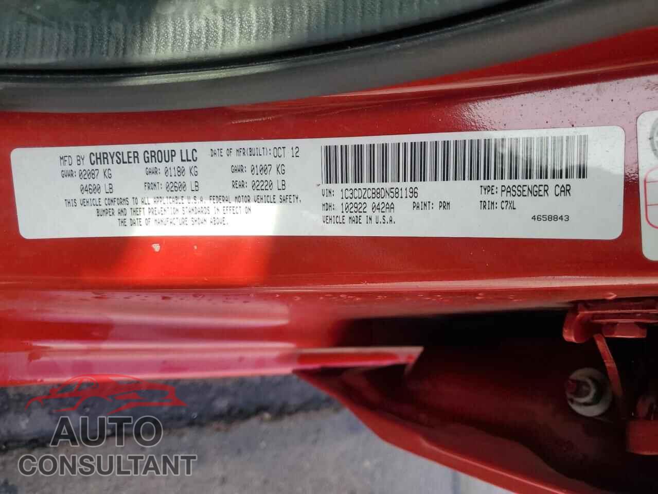 DODGE AVENGER 2013 - 1C3CDZCB8DN581196