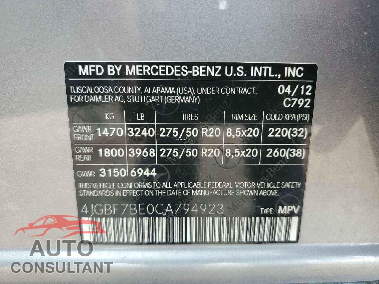MERCEDES-BENZ GL-CLASS 2012 - 4JGBF7BE0CA794923