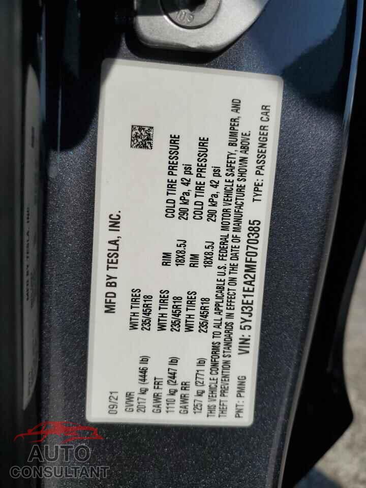 TESLA MODEL 3 2021 - 5YJ3E1EA2MF070385