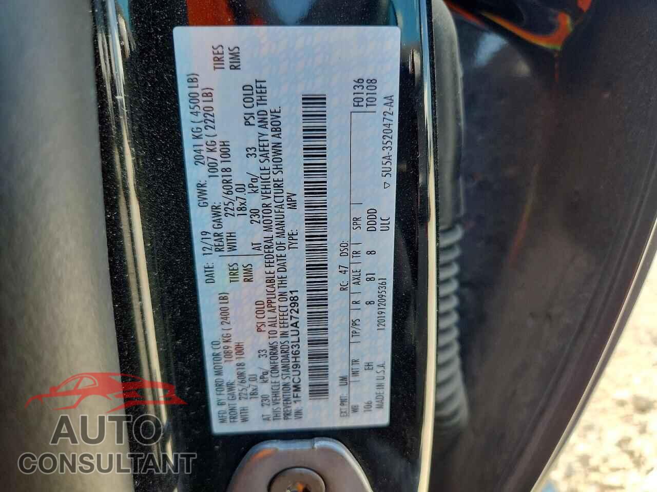 FORD ESCAPE 2020 - 1FMCU9H63LUA72981