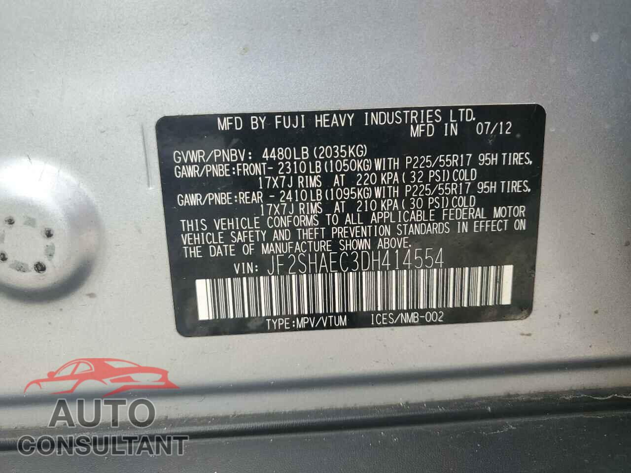 SUBARU FORESTER 2013 - JF2SHAEC3DH414554