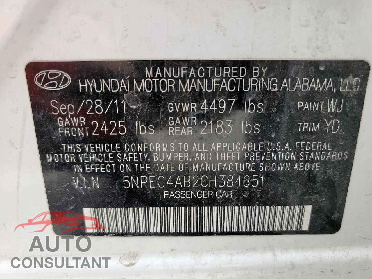 HYUNDAI SONATA 2012 - 5NPEC4AB2CH384651