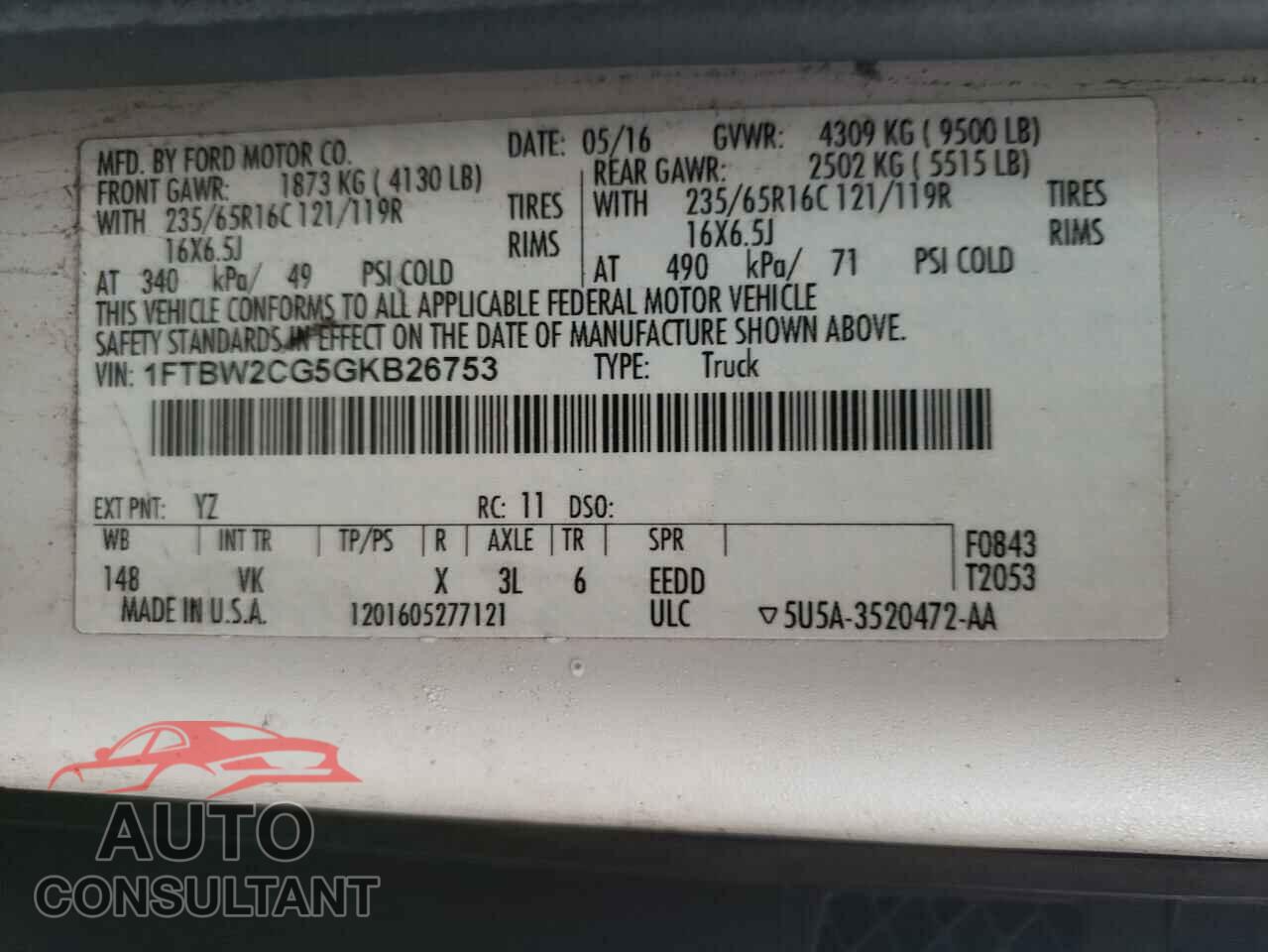 FORD TRANSIT CO 2016 - 1FTBW2CG5GKB26753