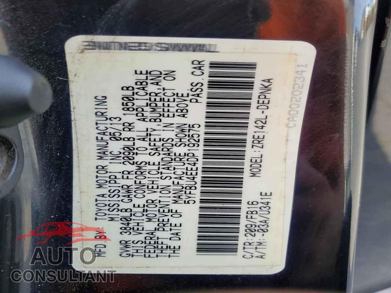 TOYOTA COROLLA 2013 - 5YFBU4EE4DP192575