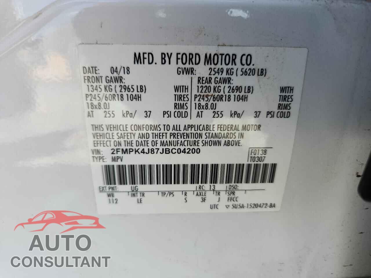FORD EDGE 2018 - 2FMPK4J87JBC04200