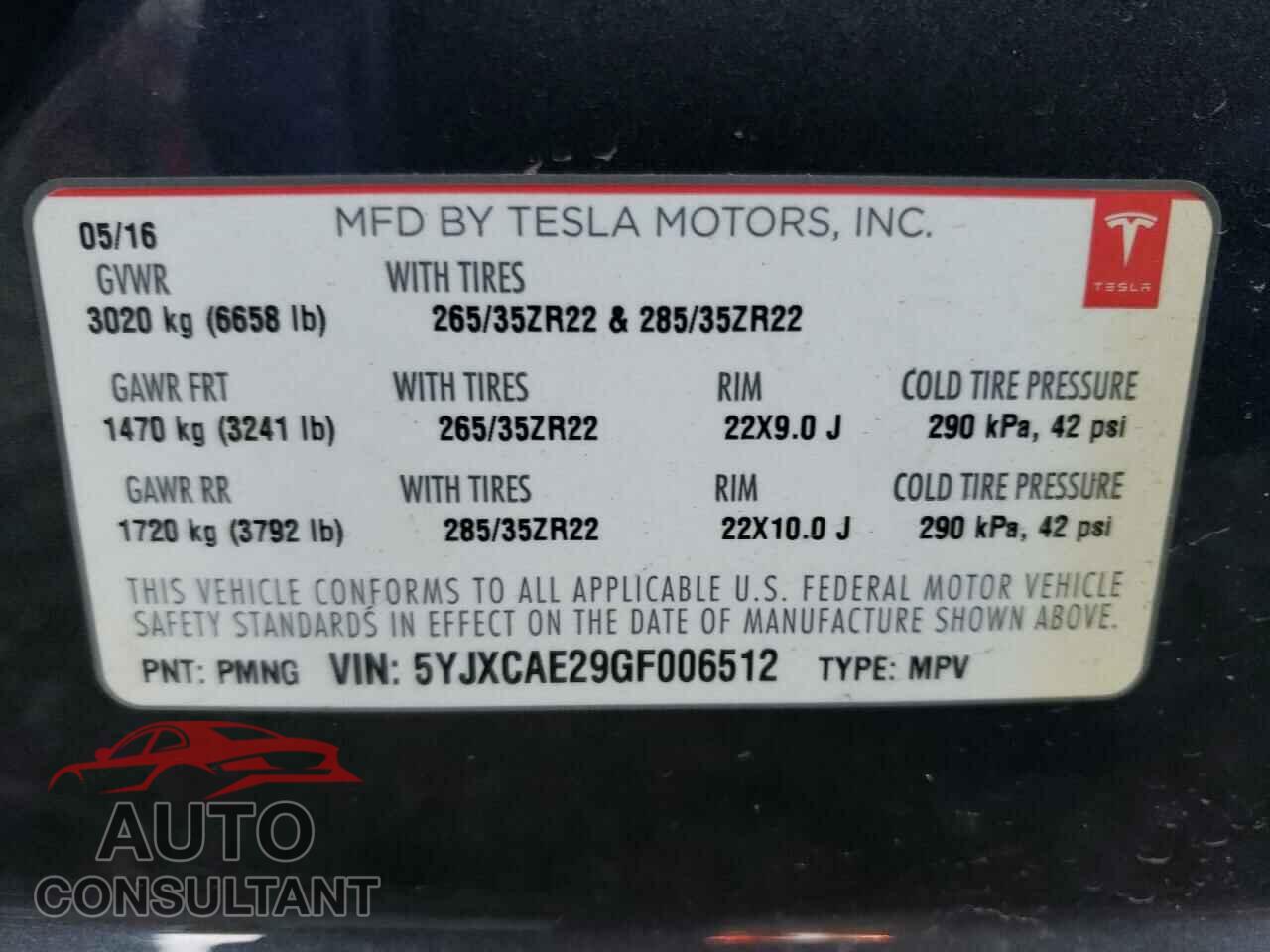 TESLA MODEL X 2016 - 5YJXCAE29GF006512