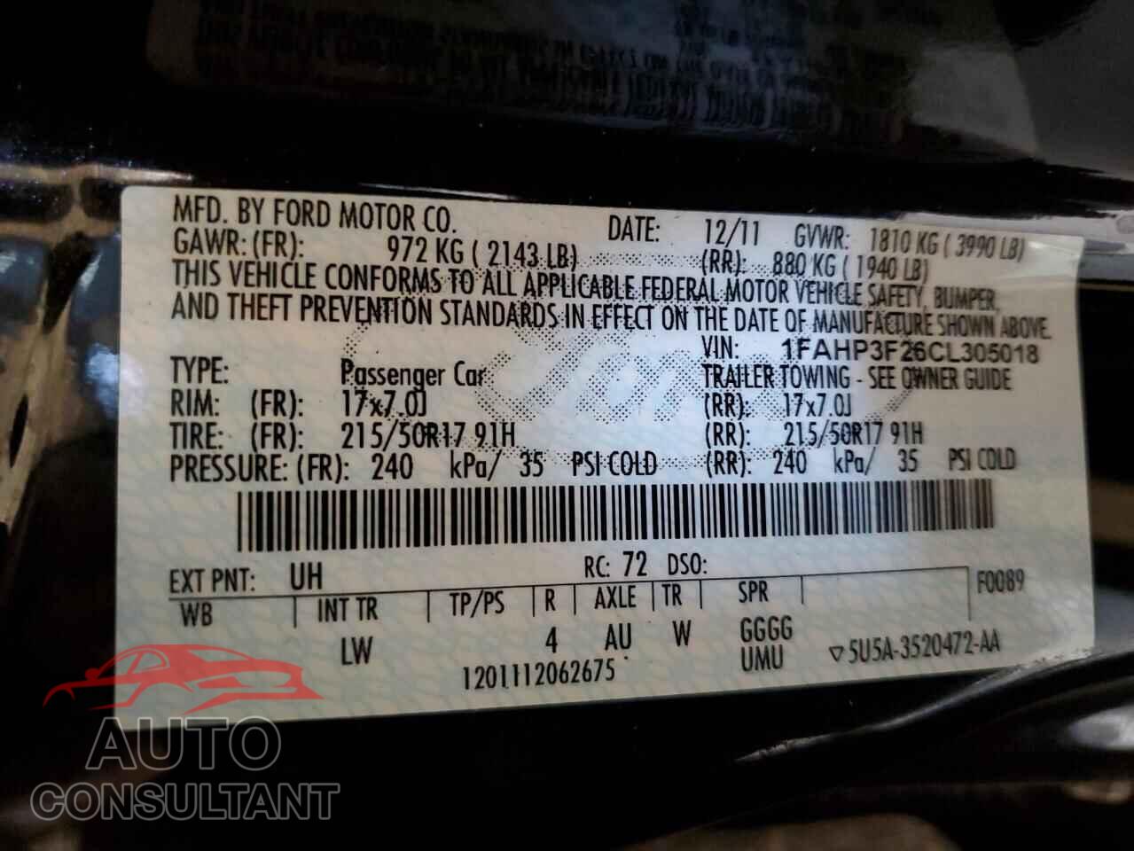 FORD FOCUS 2012 - 1FAHP3F26CL305018