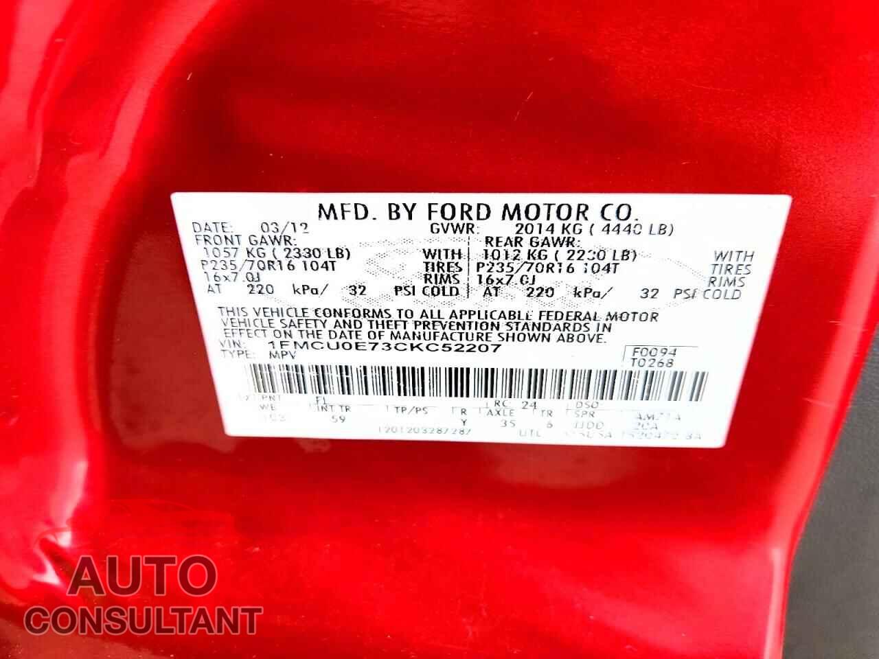 FORD ESCAPE 2012 - 1FMCU0E73CKC52207