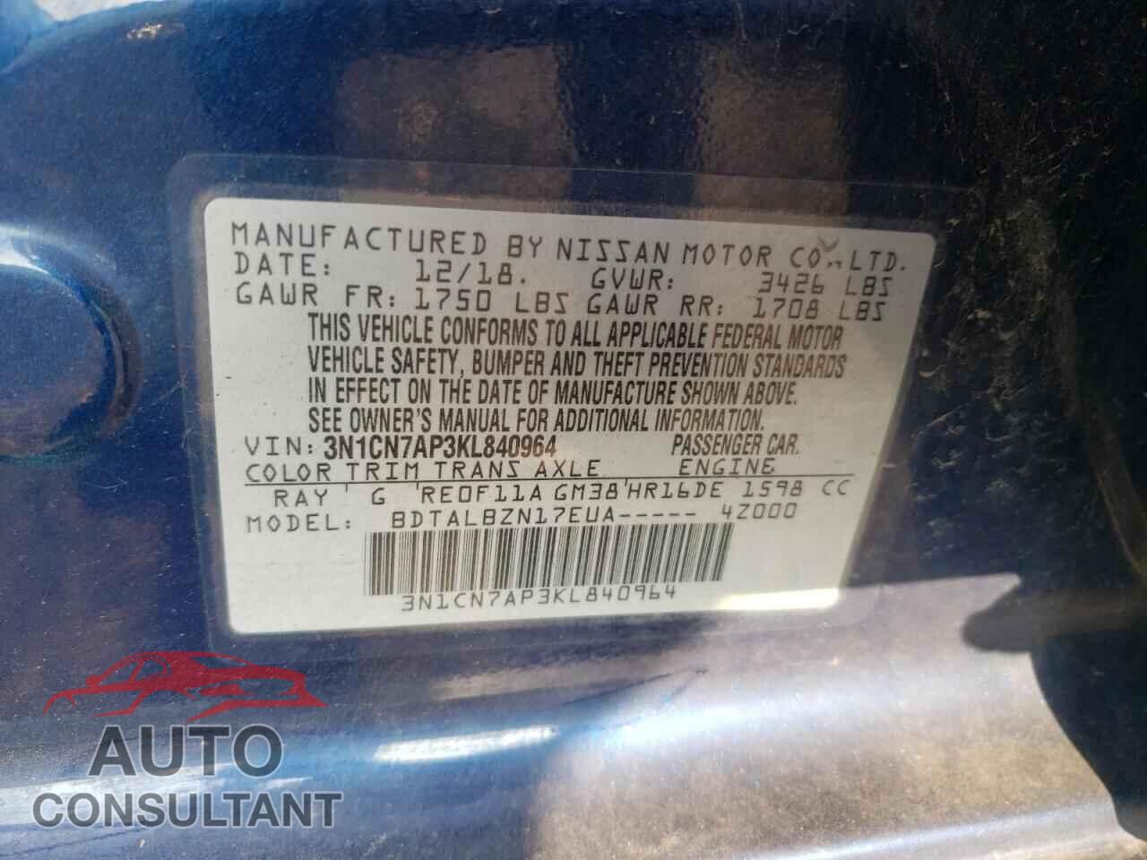 NISSAN VERSA 2019 - 3N1CN7AP3KL840964