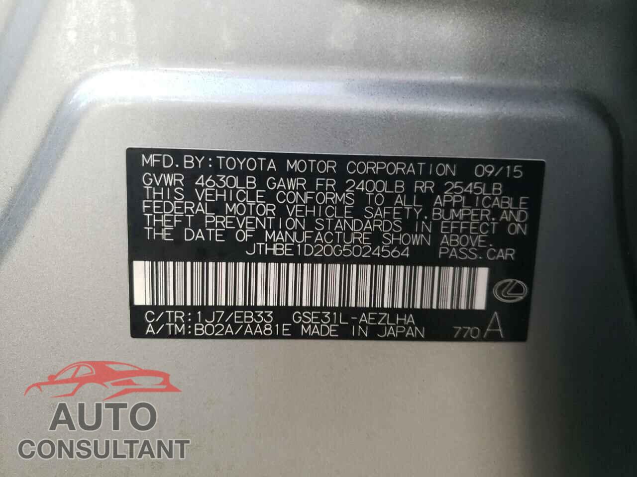 LEXUS IS 2016 - JTHBE1D20G5024564
