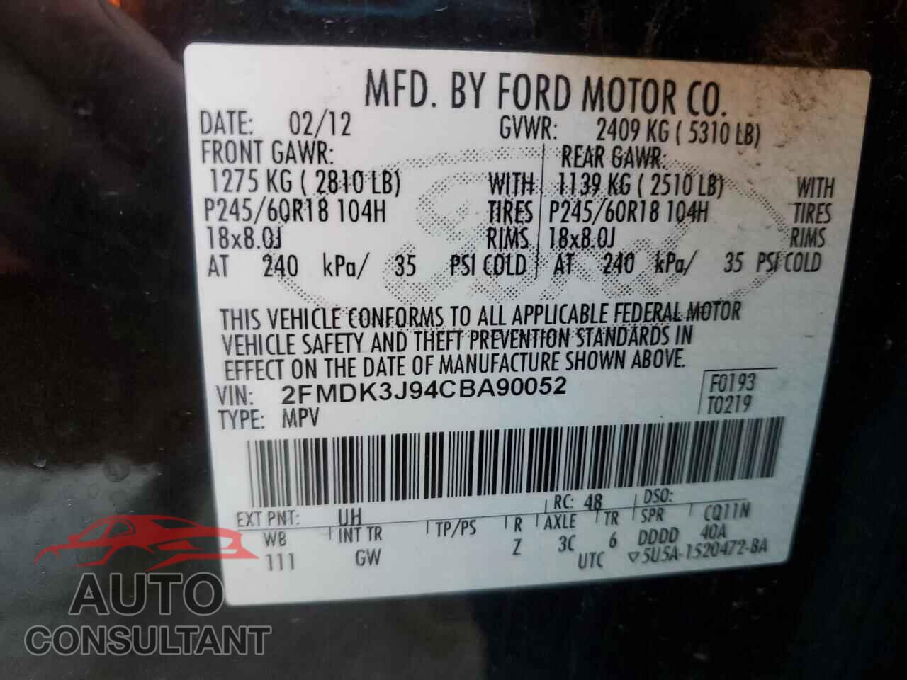FORD EDGE 2012 - 2FMDK3J94CBA90052