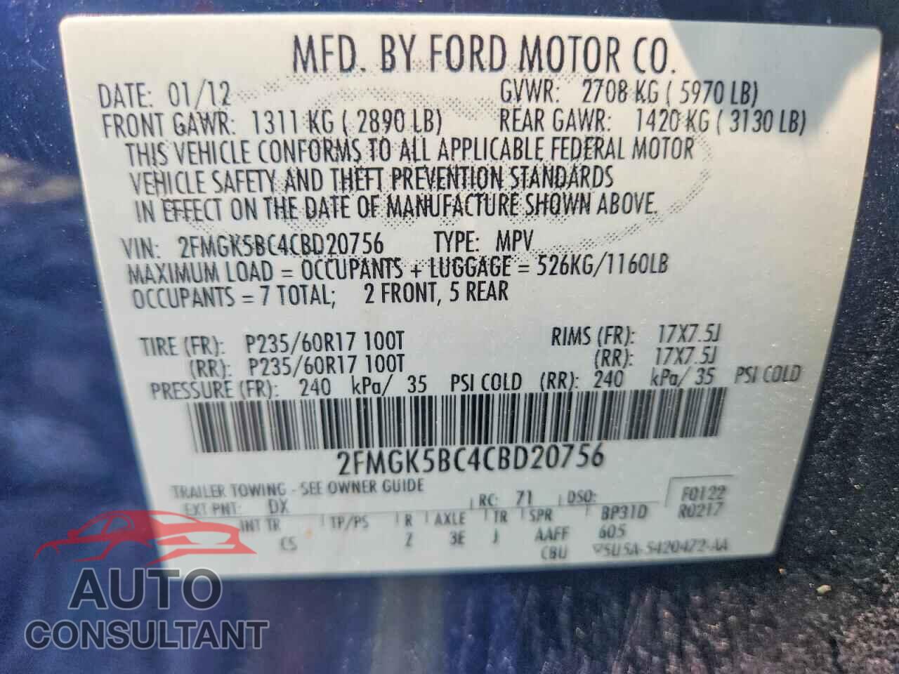 FORD FLEX 2012 - 2FMGK5BC4CBD20756