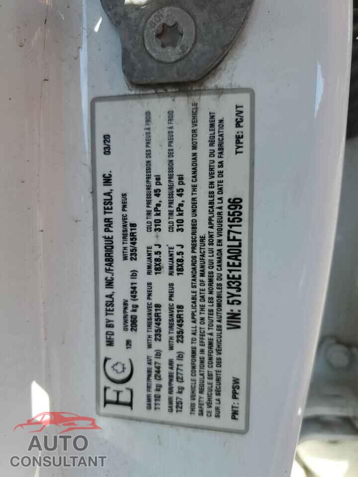 TESLA MODEL 3 2020 - 5YJ3E1EA0LF715596