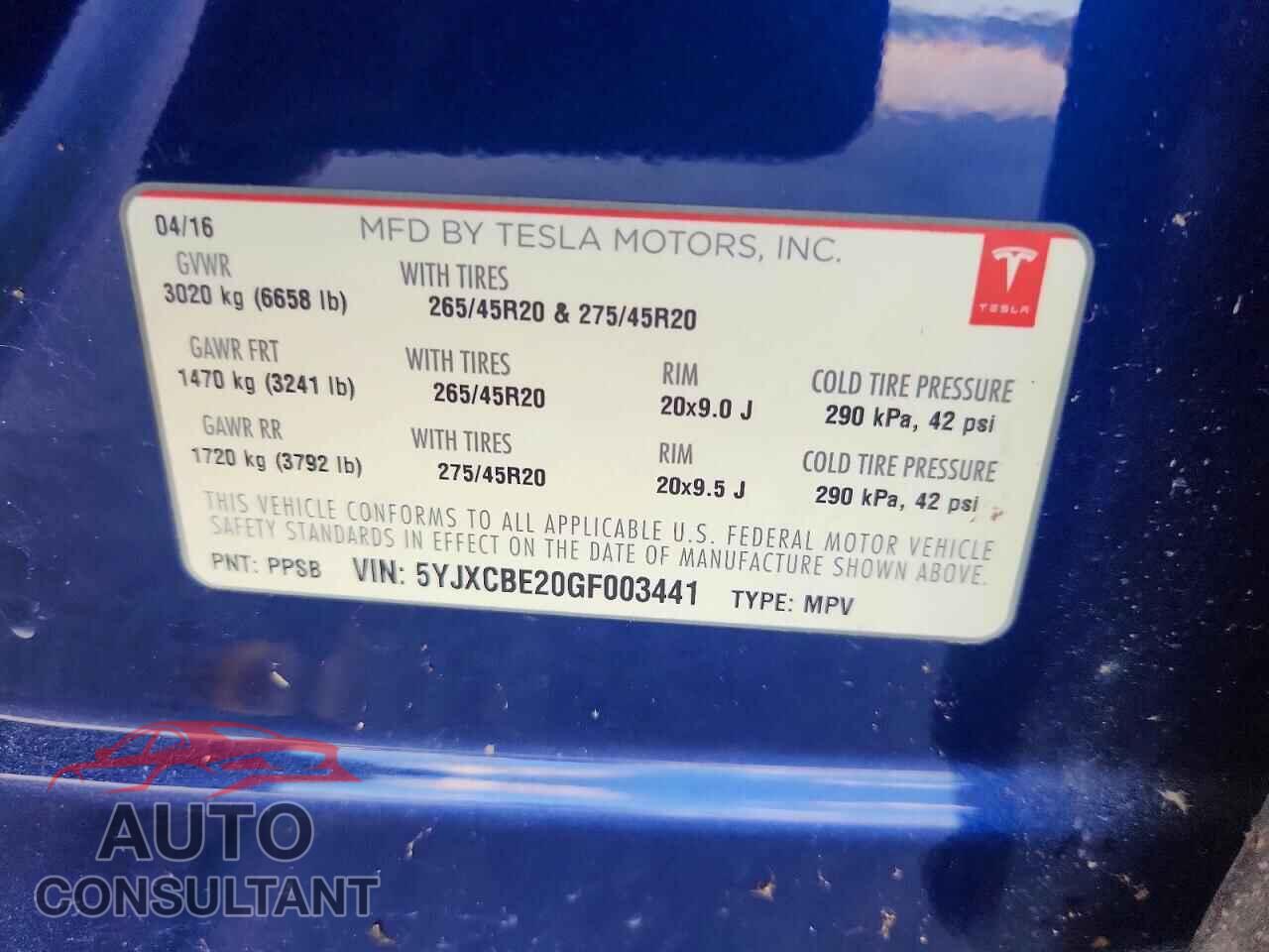 TESLA MODEL X 2016 - 5YJXCBE20GF003441
