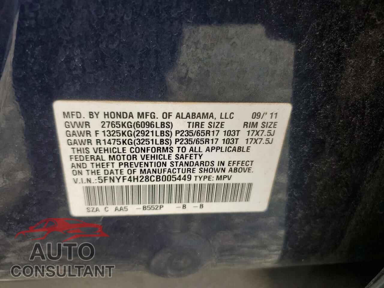 HONDA PILOT 2012 - 5FNYF4H28CB005449