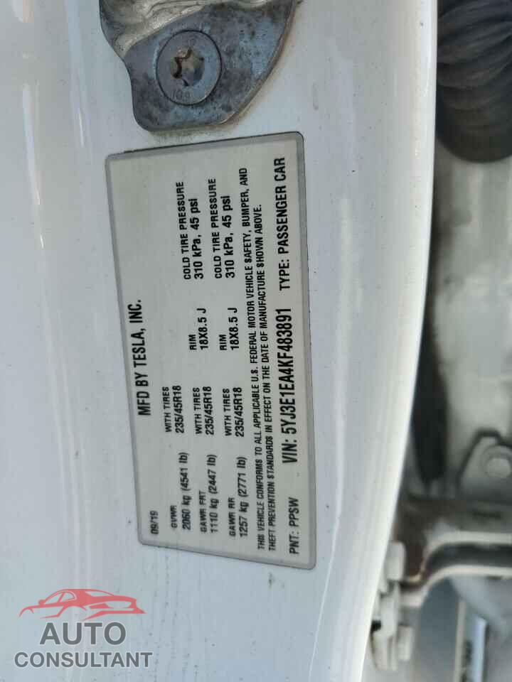 TESLA MODEL 3 2019 - 5YJ3E1EA4KF483891