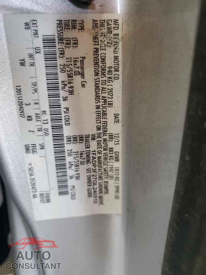 FORD FOCUS 2016 - 1FADP3F27GL240510