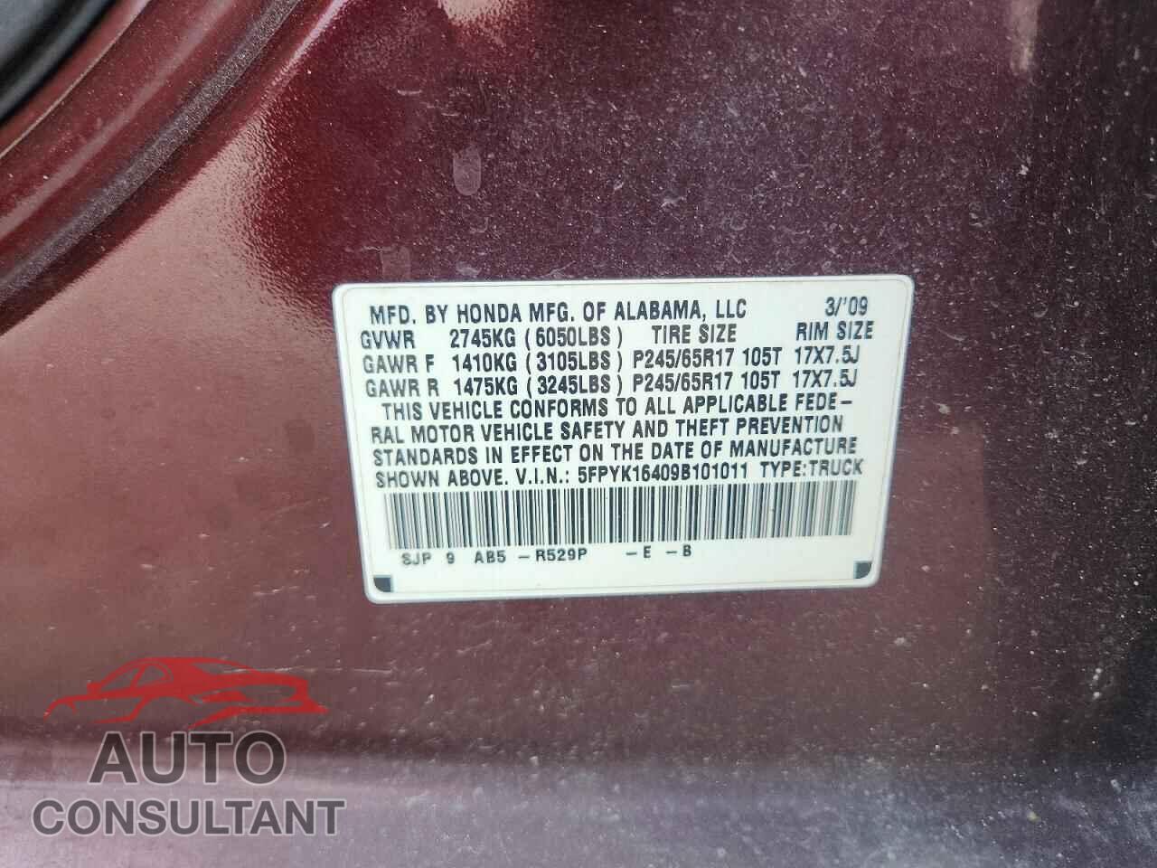HONDA RIDGELINE 2009 - 5FPYK16409B101011