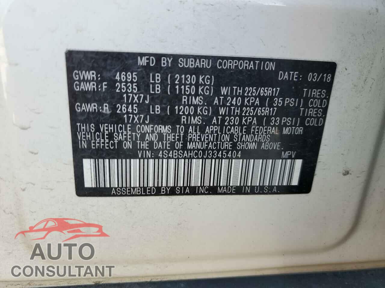 SUBARU OUTBACK 2018 - 4S4BSAHC0J3345404