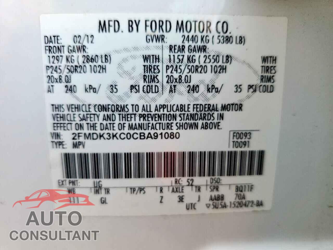 FORD EDGE 2012 - 2FMDK3KC0CBA91080
