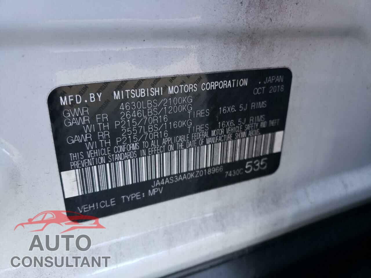 MITSUBISHI ECLIPSE 2019 - JA4AS3AA0KZ018966
