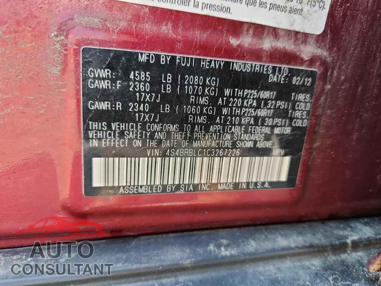 SUBARU OUTBACK 2012 - 4S4BRBLC1C3267226
