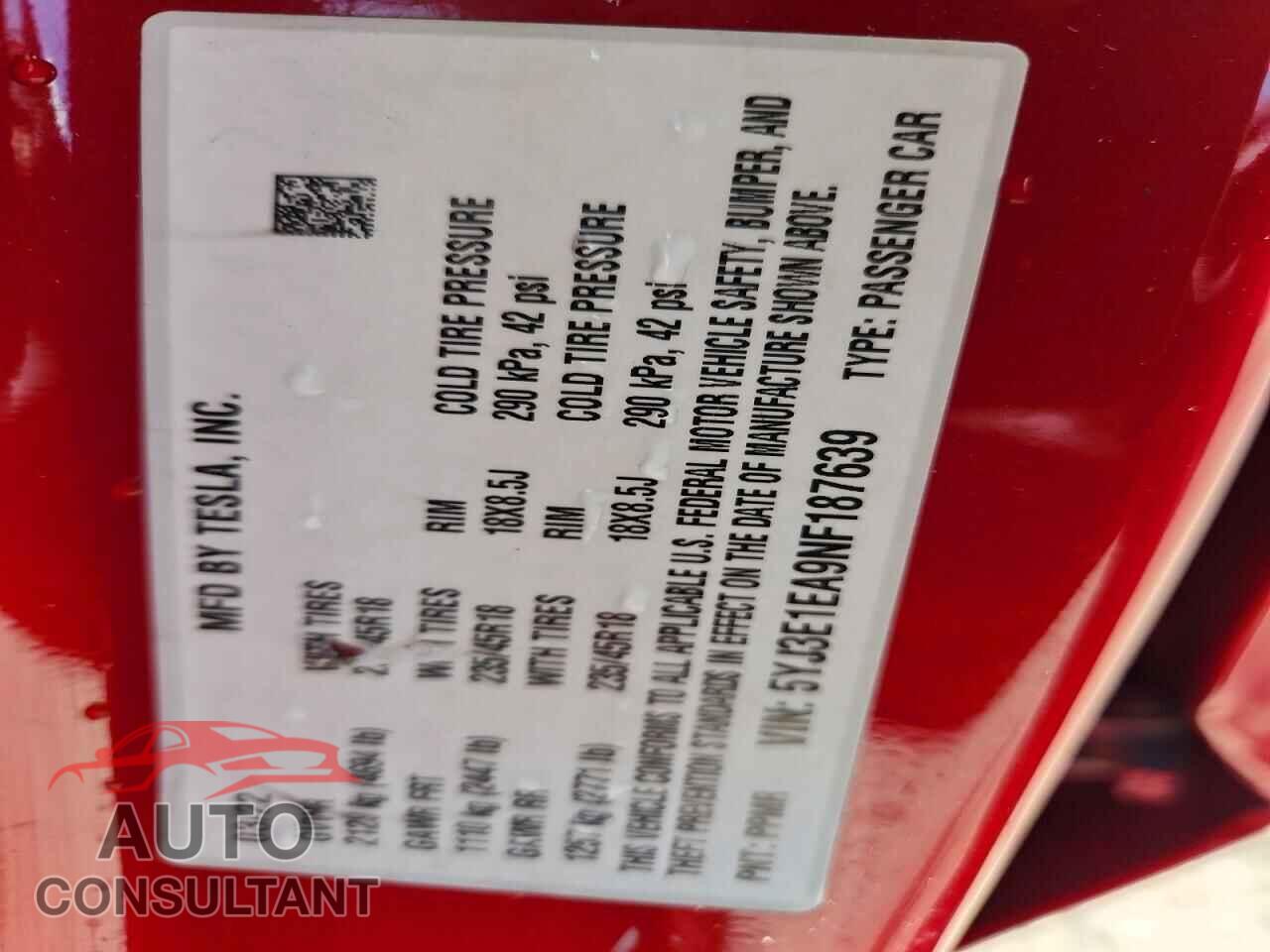 TESLA MODEL 3 2022 - 5YJ3E1EA9NF187639