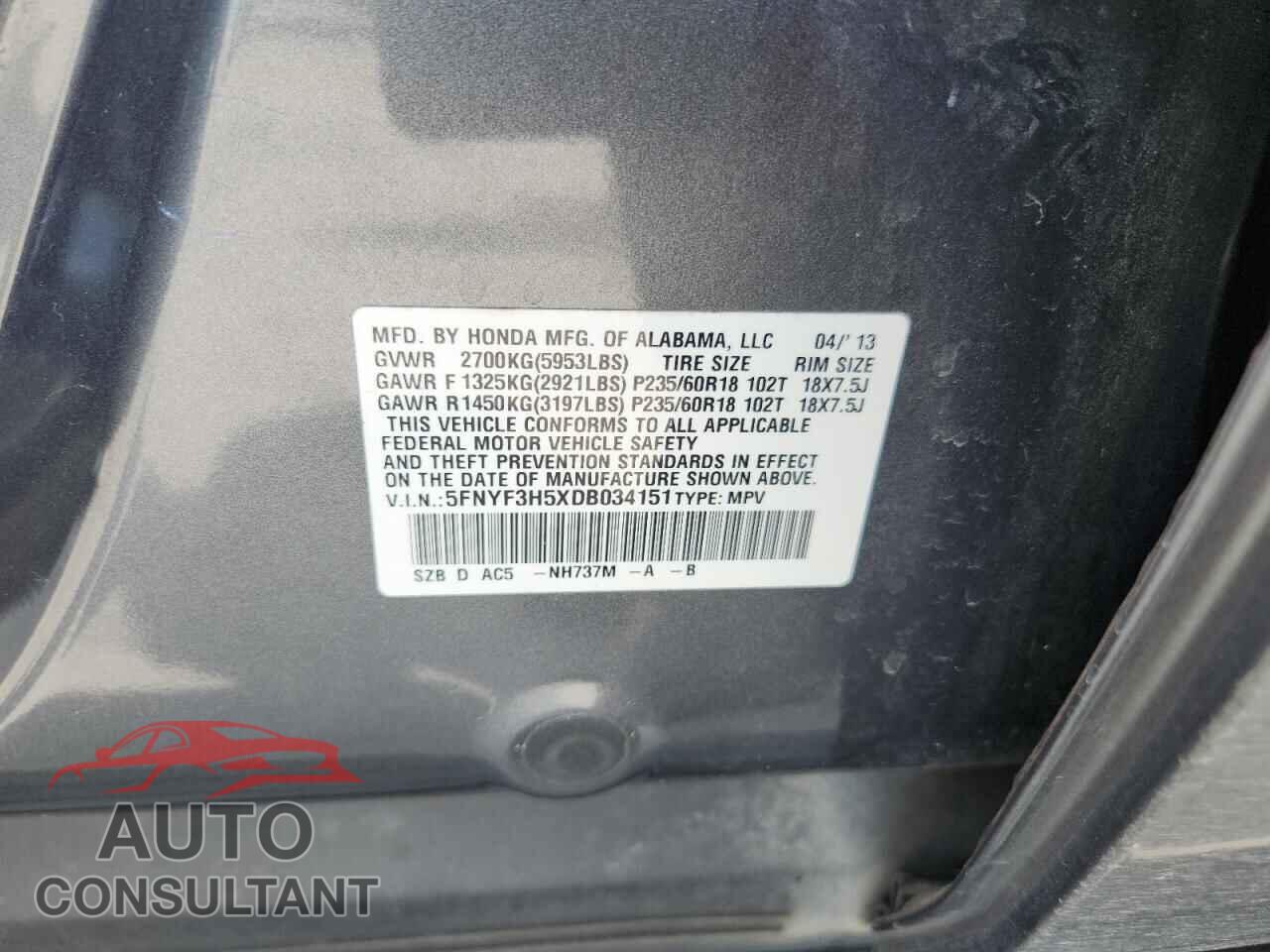 HONDA PILOT 2013 - 5FNYF3H5XDB034151