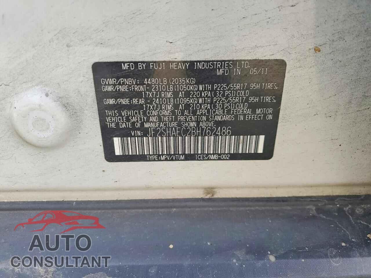SUBARU FORESTER 2011 - JF2SHAEC2BH762486