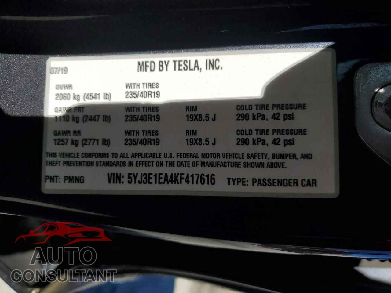 TESLA MODEL 3 2019 - 5YJ3E1EA4KF417616