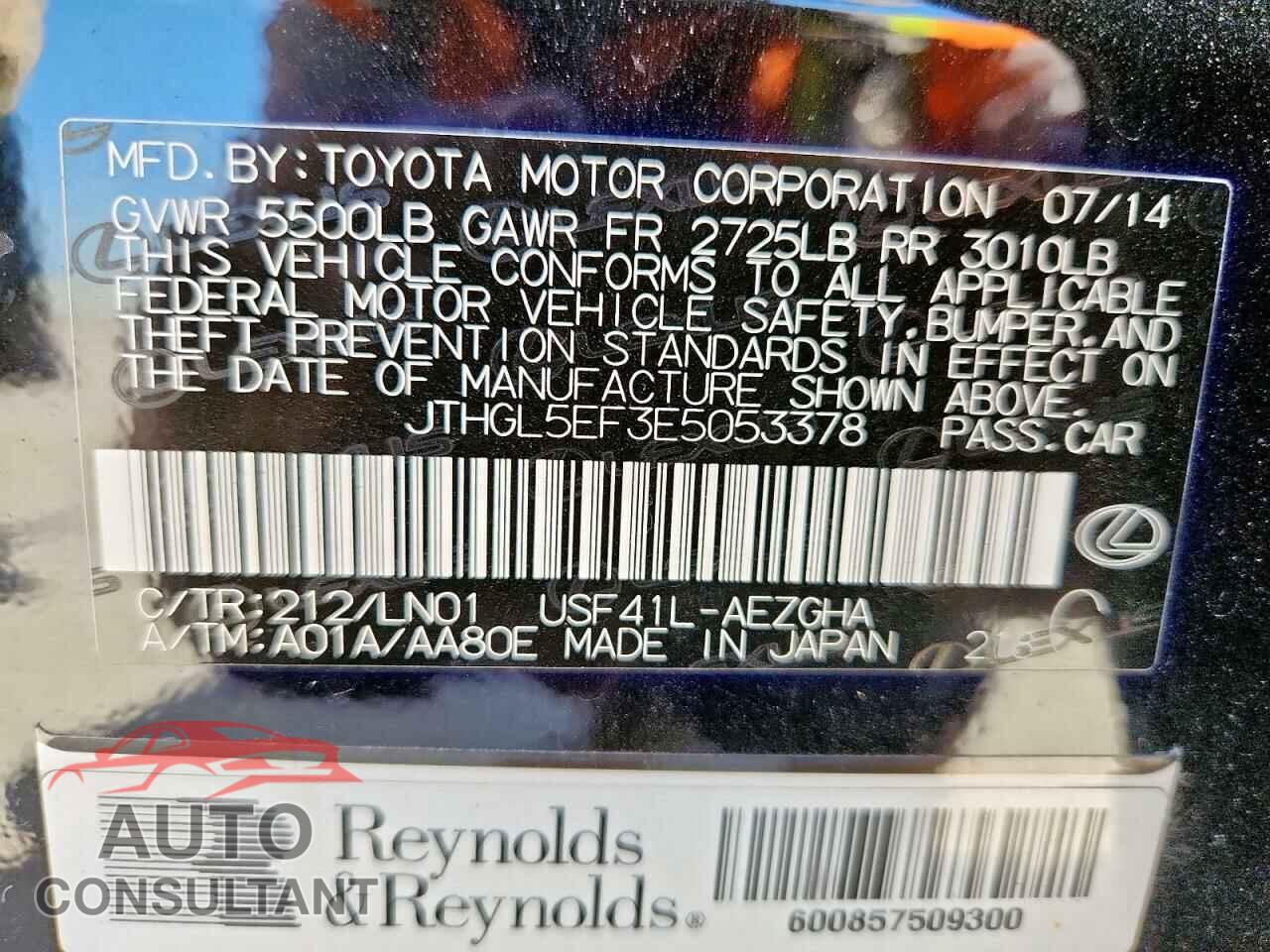 LEXUS LS460 2014 - JTHGL5EF3E5053378