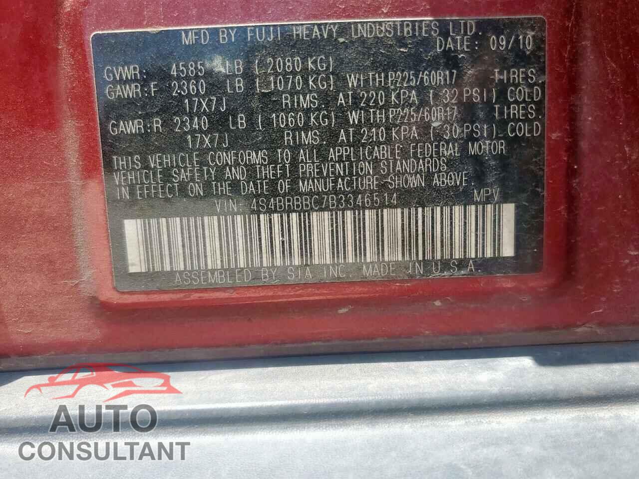 SUBARU OUTBACK 2011 - 4S4BRBBC7B3346514