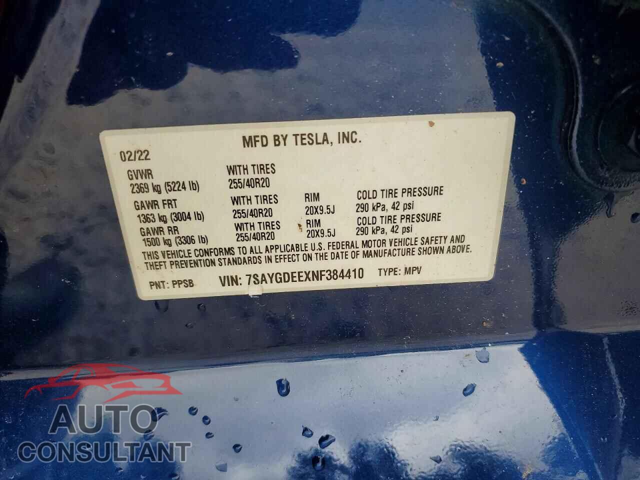TESLA MODEL Y 2022 - 7SAYGDEEXNF384410