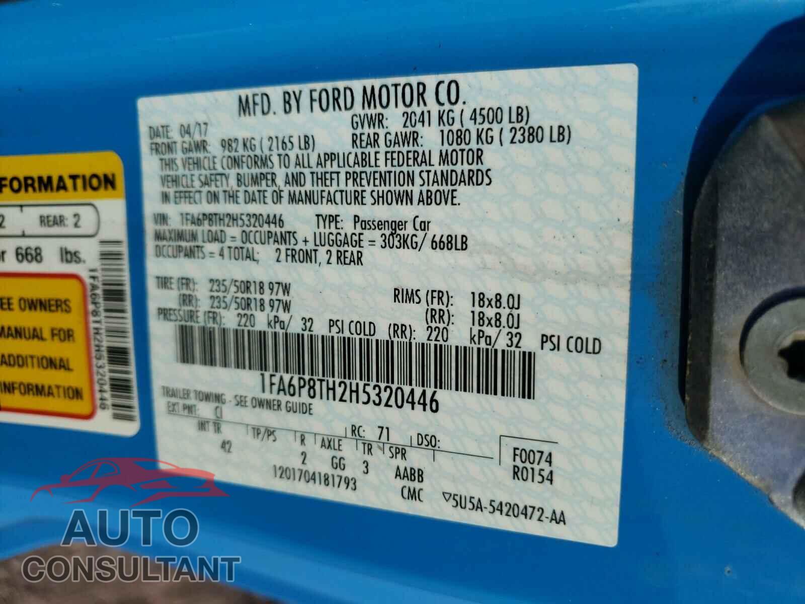 FORD MUSTANG 2017 - 1FA6P8TH2H5320446