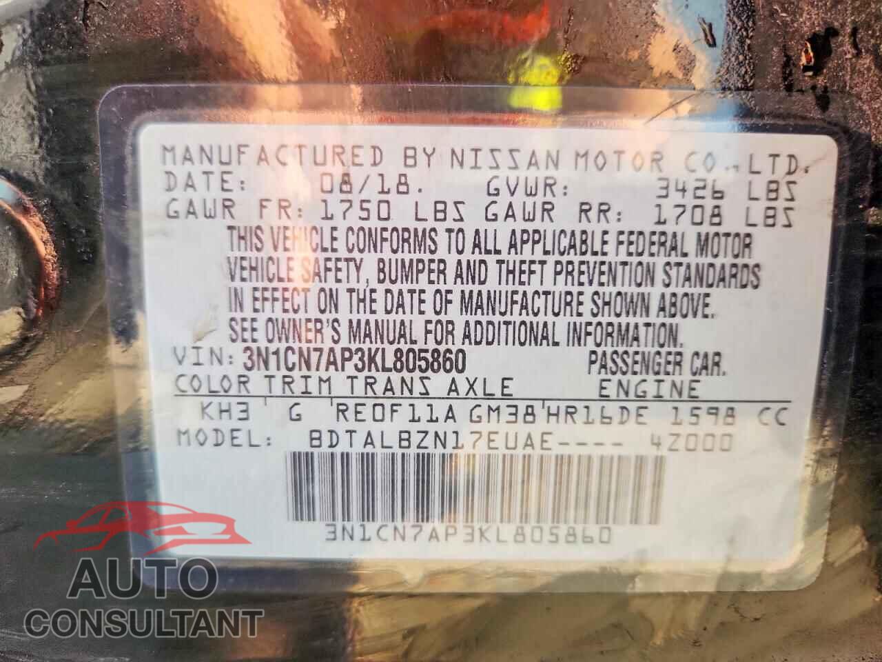 NISSAN VERSA 2019 - 3N1CN7AP3KL805860